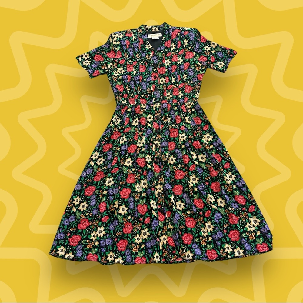 Vintage 80s Valerie Stevens Petite Collared Button Up Floral Pleated Dress-Sz 10